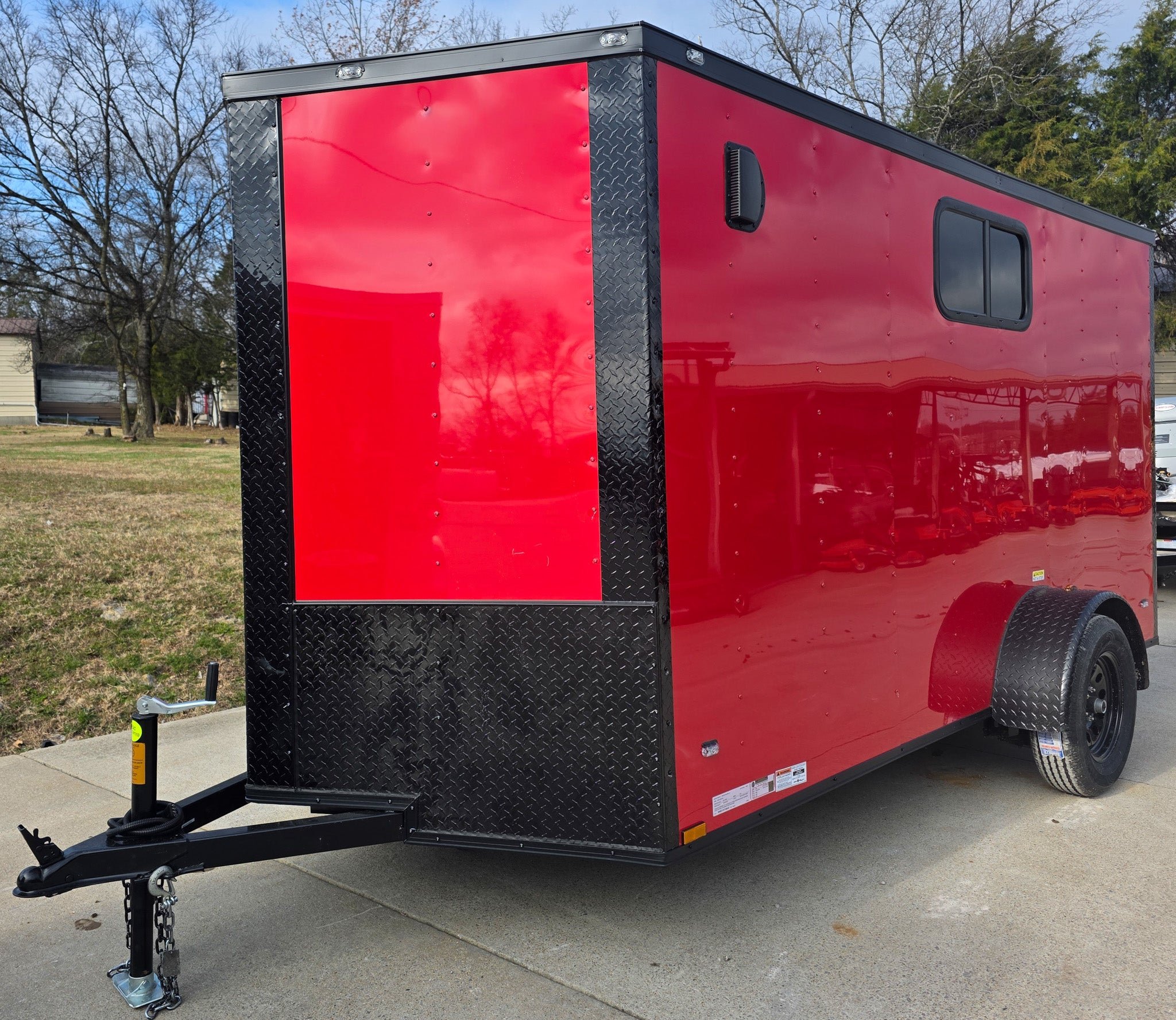 6x12 Enclosed Trailer Red V-Nose Blackout Package (1) 3,500lb Axle with Windows