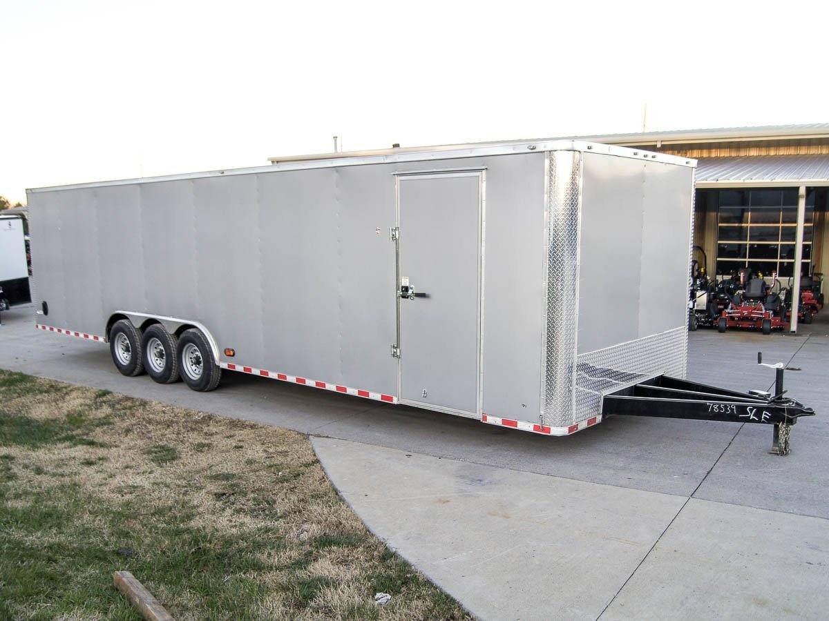 8.5x32 Silver Enclosed Car Hauler Trailer With Ramp and side door (3) 7K Axles 21k GVWR
